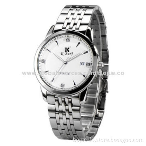 Stainless steel men's watch, silver business style, quartz movement